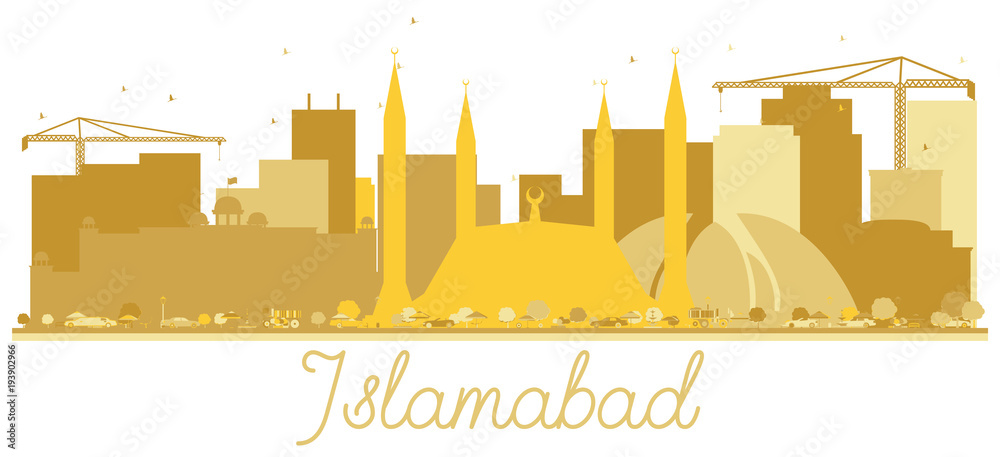 Islamabad Pakistan City Skyline Golden Silhouette Isolated on White.