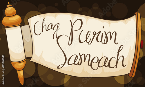 Scroll with Greetings for Purim Readings, Vector Illustration