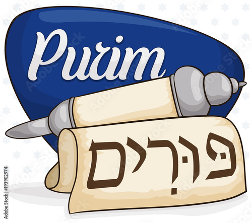 Silver Scroll over Sign to Commemorate Purim Holiday, Vector Illustration