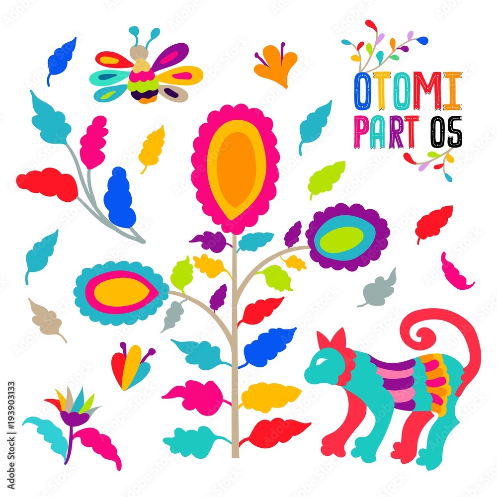 Vector folk Mexican Otomi Style embroidery Pattern set. Folk embroidery ornament elements. Vector folk Mexican Otomi Style embroidery Pattern set. Folk embroidery ornament elements.