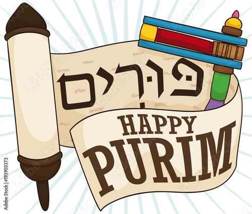 Traditional Scroll and Colorful Gragger Ready for Purim Readings, Vector Illustration