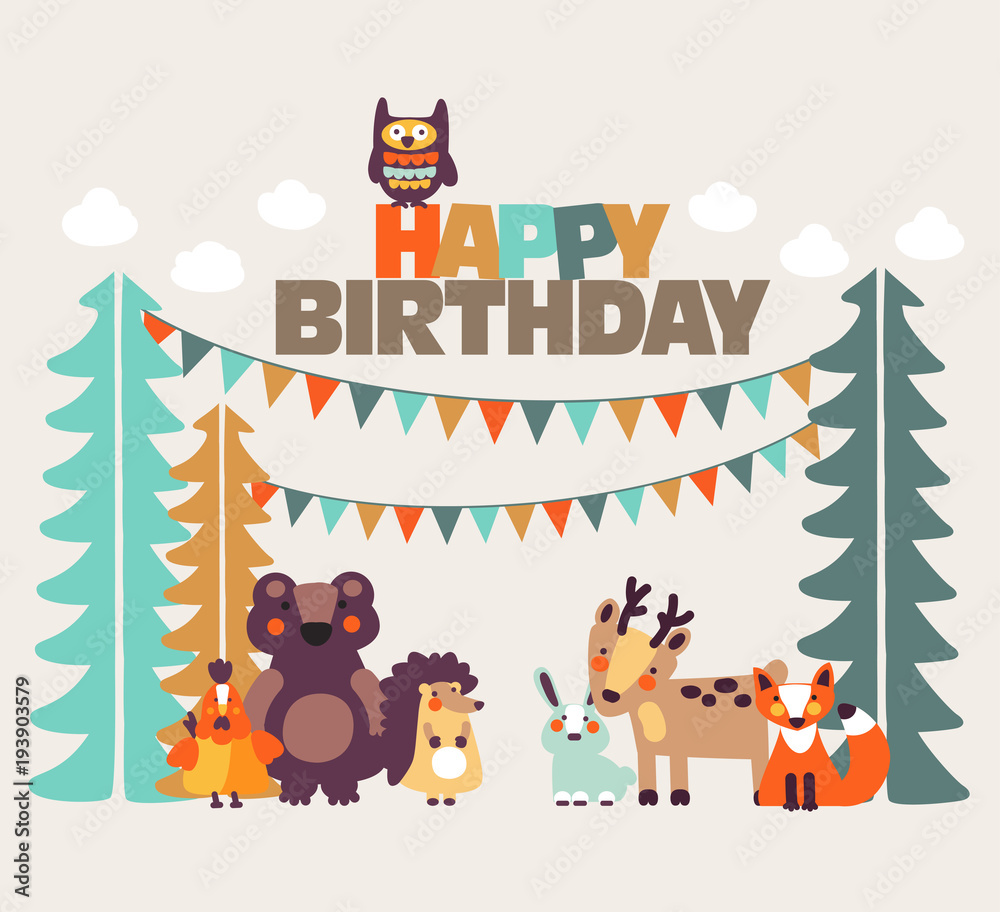 Happy birthday - lovely vector card with funny cute animals and garlands Happy birthday - lovely vector card with funny cute animals and garlands