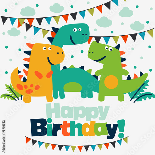 Happy birthday - lovely vector card with funny dinosaurs