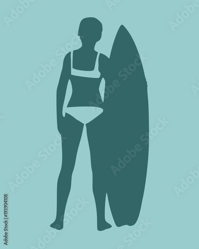 Woman posing with surfboard. Monochrome silhouette. Vintage surfing graphic and emblem for web design or print. Back view