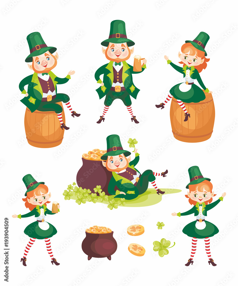 Fototapeta premium Images of a leprechauns in cartoon style. Saint Patrick’s Day illustrations isolated on the white background. Vector set.