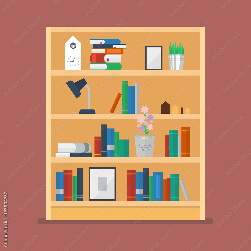 Wooden shelves with books and object decoration Wooden shelves with books and object decoration