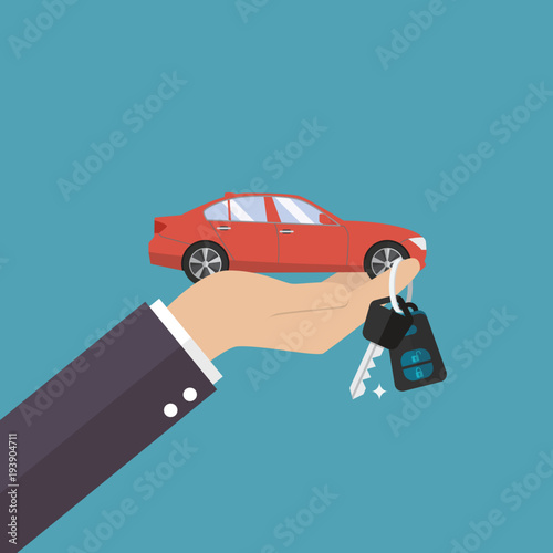 Hand holding car in palm and key on finger