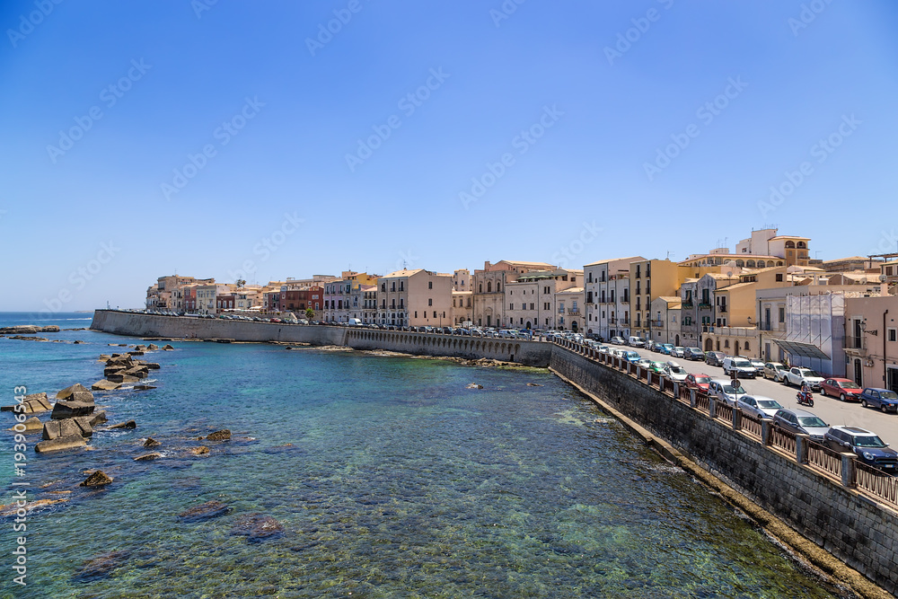 Syracuse, Italy. Quay on the island of Ortygia in sunny weather