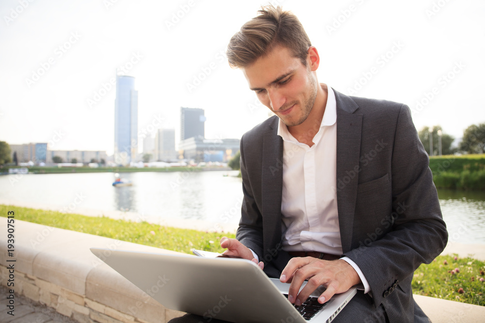 Young business man outdoors work occupation lifestyle. Young business man outdoors work occupation lifestyle.