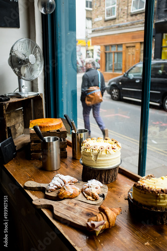 pastry shop window seen from the inside