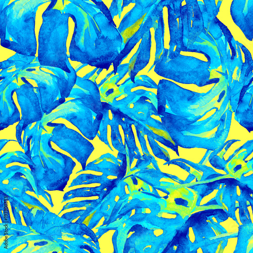 Watercolor Seamless Pattern. Hand Painted Illustration of Tropical Leaves and Flowers. Tropic Summer Motif with Monstera Pattern.