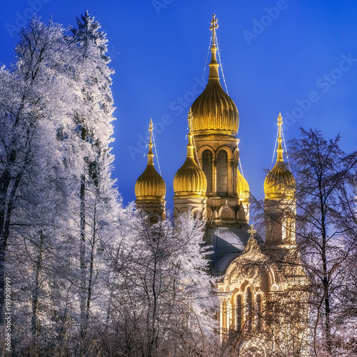 Russian Orthodox Church of Saint Elizabeth in Wiesbaden,Neroberg, Germany, at night, winter.
