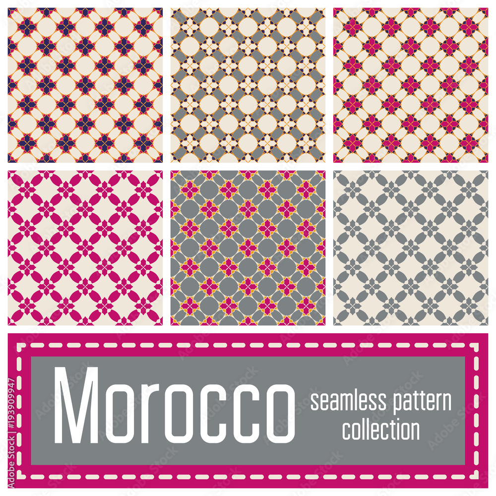 Set of 6 Morocco patterns background. Geometric seamless muslim ornament backdrop. Set of 6 Morocco patterns background. Geometric seamless muslim ornament backdrop.