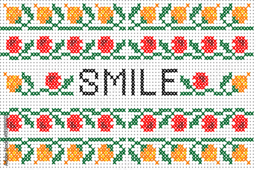 Cross stitch pattern  with elements of folk embroidery and word SMILE