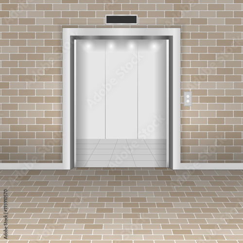 The concept of an open lift in a brick wall. Vector illustration
