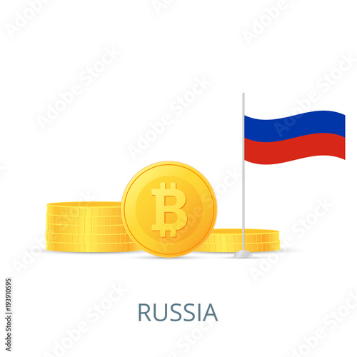 The concept of legalization of crypto currency in different countries. Gold coins bitcoins. Flag of Russia. Vector illustration
