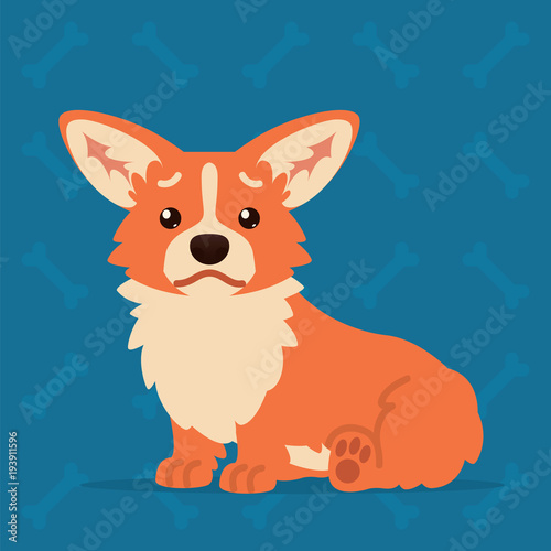 Cute Welsh Corgi sitting sad. Element for your design, print, chat, sticker. Emoji. Vector illustration of Corgi dog shows unhappy emotion in flat cartoon style on blue background. Emoticon.