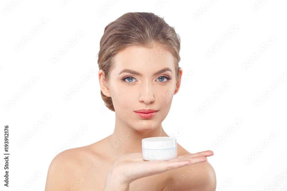 Woman with cream face skin care concept