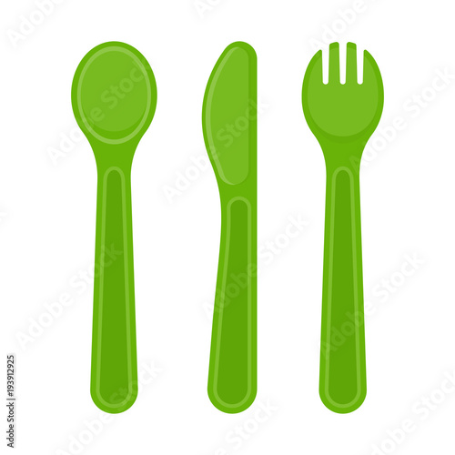 Vector illustration of plastic spoon, fork and knife isolated on white background. Disposable utensils in bright colors for toddler feeding, party or picnic.