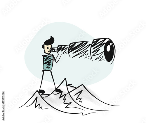 Man watching through telescope top of mountain. Hand Drawn Sketch Vector illustration.