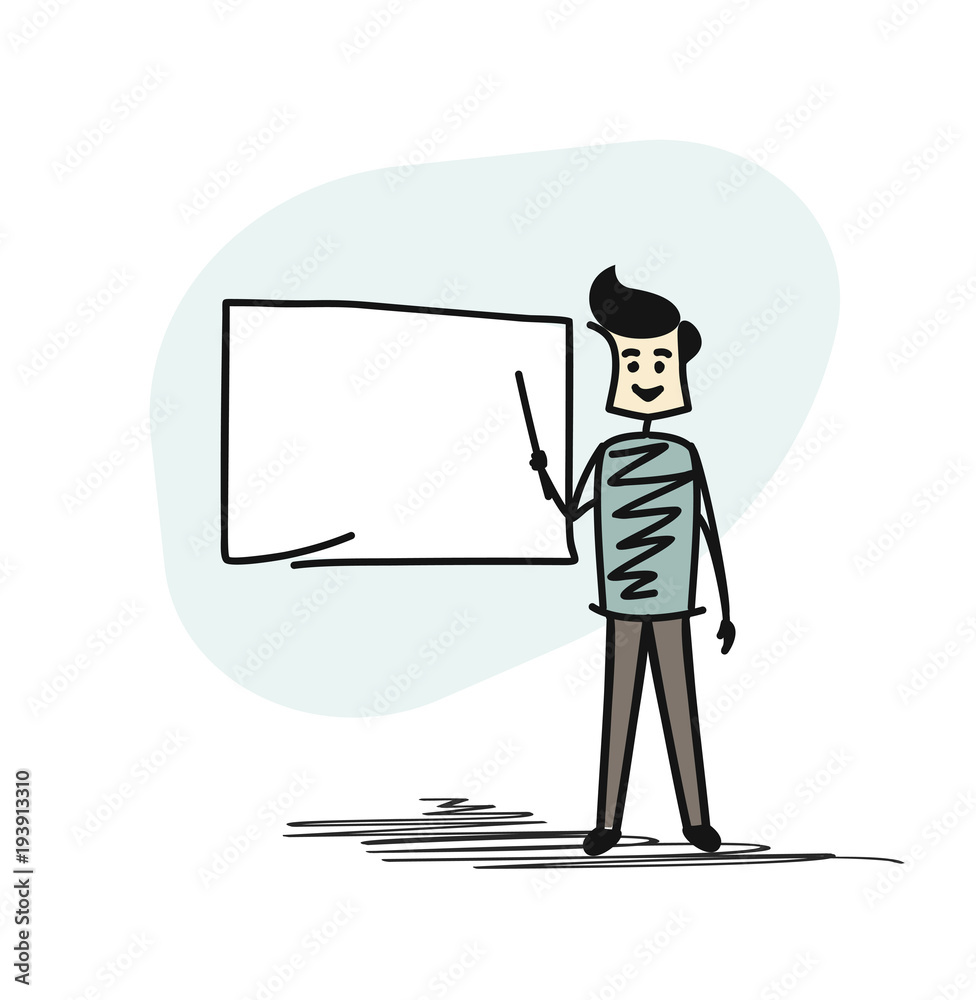 Professor in front of a black board, Cartoon Hand Drawn Sketch Vector Background.
