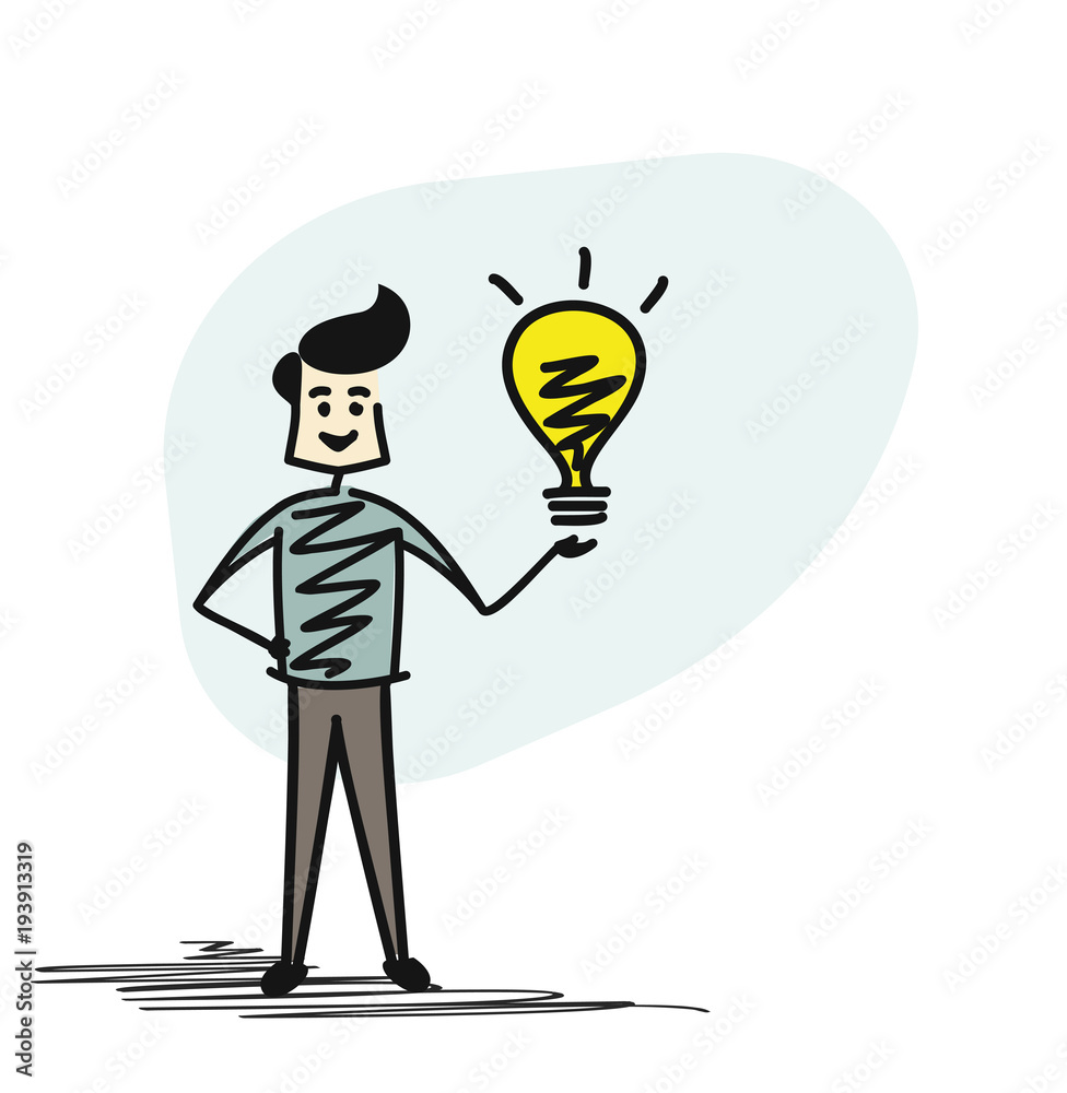 Man holding bulb- idea concept, Cartoon sketch concept isolated vector illustration. Man holding bulb- idea concept, Cartoon sketch concept isolated vector illustration.