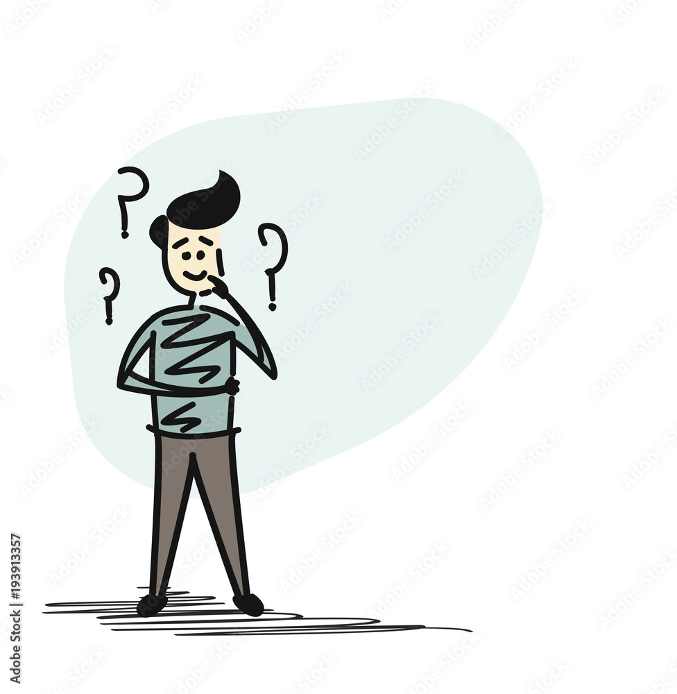 Man looking at the question marks, Cartoon Hand Drawn Sketch Vector illustration. Man looking at the question marks, Cartoon Hand Drawn Sketch Vector illustration.
