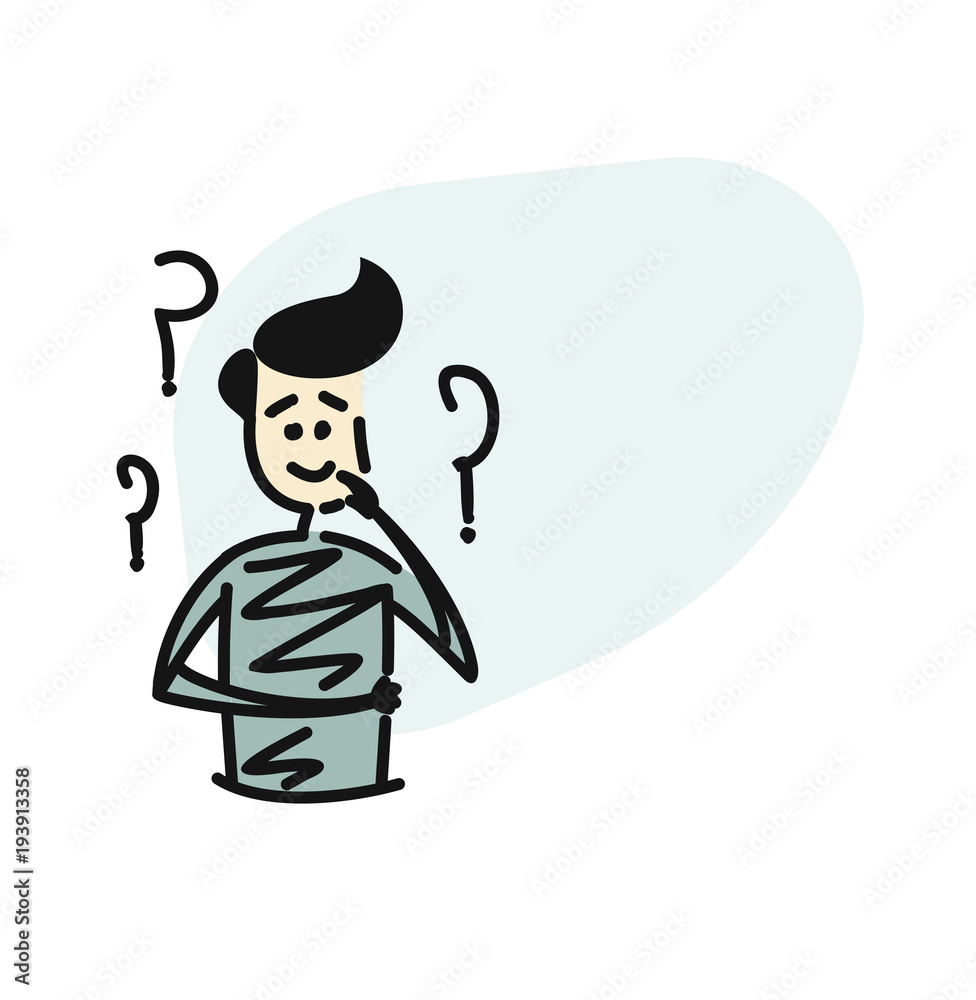 Man looking at the question marks, Cartoon Hand Drawn Sketch Vector illustration. Man looking at the question marks, Cartoon Hand Drawn Sketch Vector illustration.
