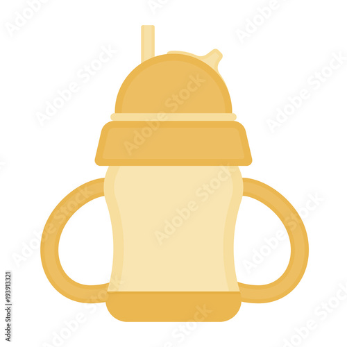 Baby sippy cup with straw, isolated on white background. Vector illustration of toddler feeding equipment. Baby care supplies