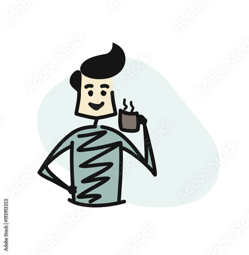 Man holding cup of tea - coffee, Cartoon Hand Drawn Sketch Vector illustration.