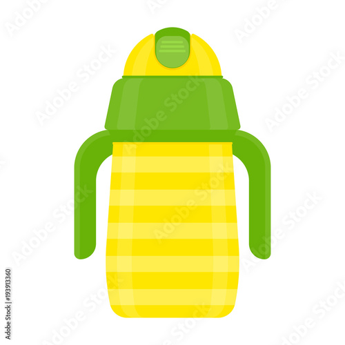 Baby sippy cup in brignt colors, isolated on white background. Vector illustration of toddler feeding equipment. Baby care supplies
