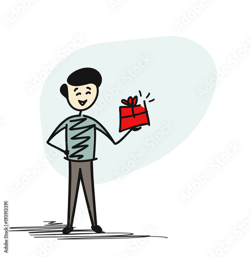 Man Hand holding gift box, Cartoon Hand Drawn sketch concept isolated vector illustration.