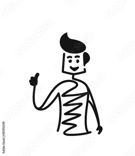 Man shows hands thumbs up, Cartoon Hand Drawn Sketch Vector illustration.