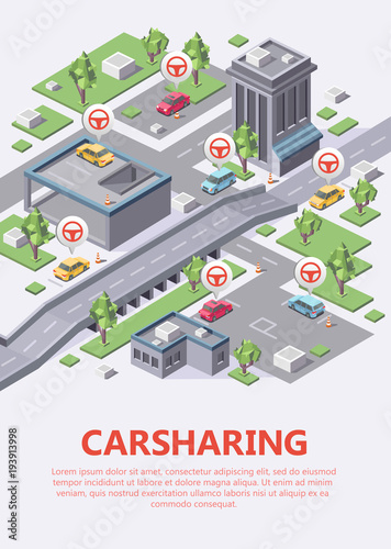 Isometric carsharing city map vector illustration 3D for car sharing or carpool service location or parking lots navigation. Isometric flat design of city plan with car renting parking location