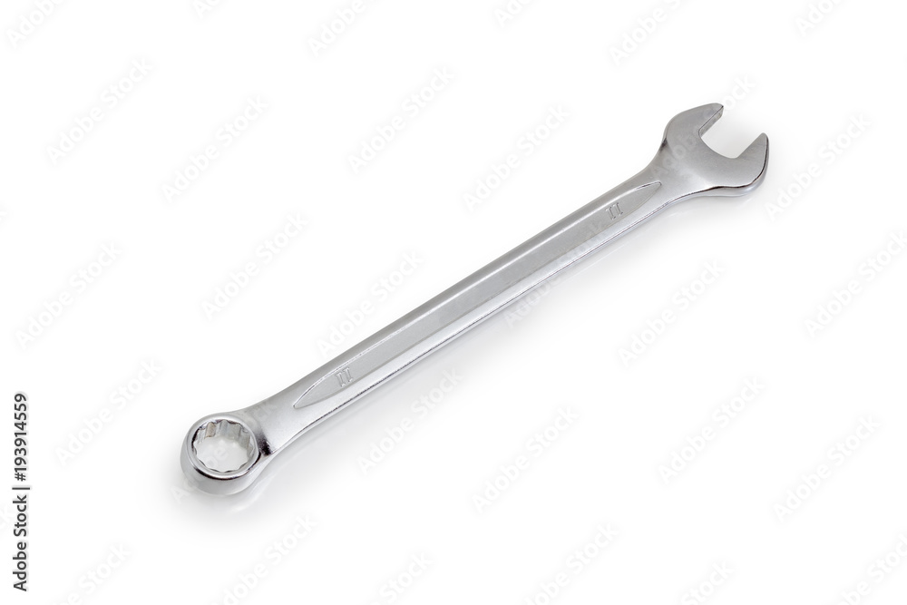 Chrome-plated combination wrench on a white background Chrome-plated combination wrench on a white background
