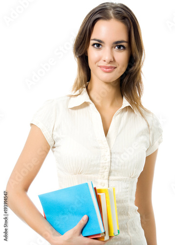 Young smiling woman with textbooks, isolated