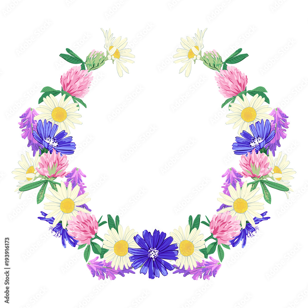 Wildflowers wreath isolated on white