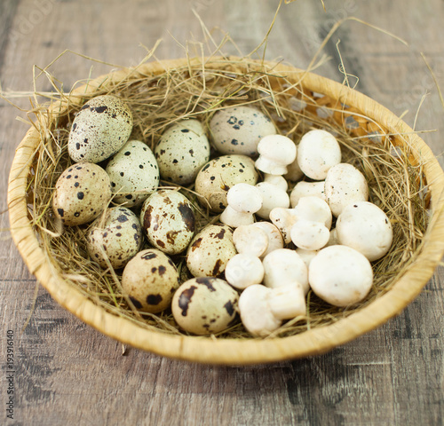 quail eggs in wooden plate over dark old wooden background. Quail eggs and fresh mushrooms. 