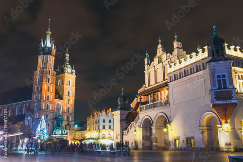 Night view of Main Market Square in Krakow, one of the most beautiful city in Poland