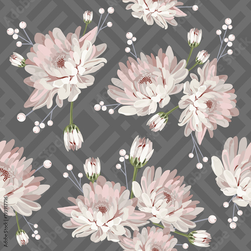 Floral seamless pattern with chrysanthemums on grey geometric background. Vector illustration