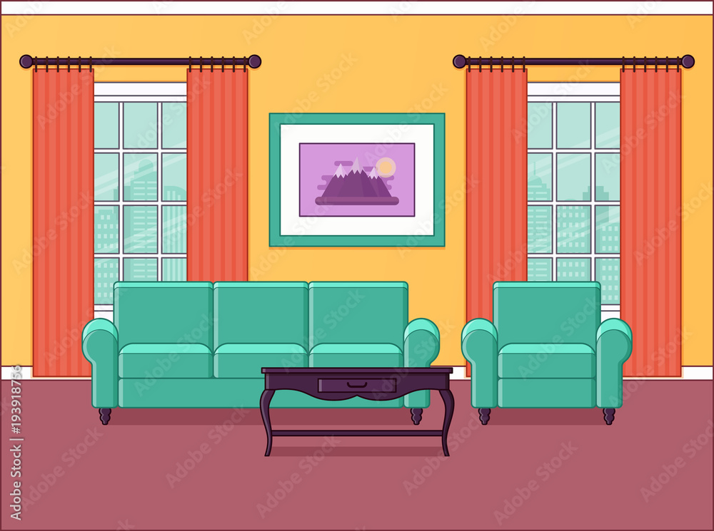 Room interior. Vector. Living room in flat design. Home space with ...