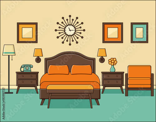 Bedroom retro interior. Hotel room in flat design with bed. Vector. Home space in line art. Linear illustration. Cartoon house equipment. Vintage apartment 70s. Outline background 1960s.