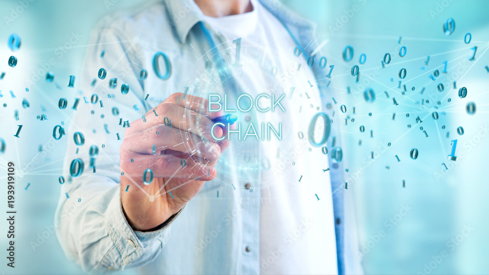 Blockchain title with 0 and 1 data flying over Blockchain title with 0 and 1 data flying over
