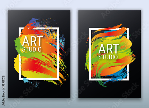 A poster template for art cafes, art exhibitions. A modern colorful flyer. Bright gradient brush strokes. Dynamic movement and spray of colors. Abstract vector illustration. Dark background.