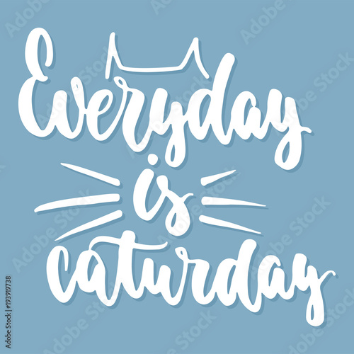 Everyday is caturday - hand drawn lettering phrase for animal lovers on the blue background. Fun brush ink vector illustration for banners, greeting card, poster design.