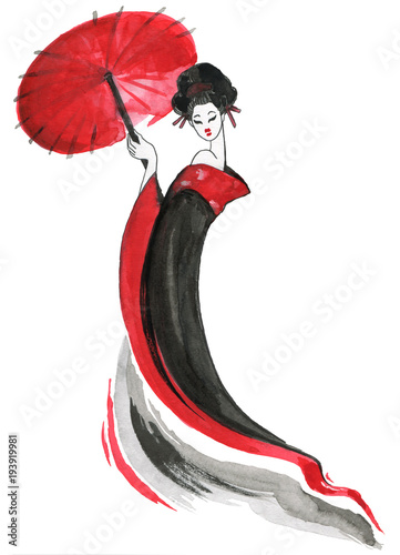 Geisha, women in traditional clothing. Japanese style, Watercolor hand painting illustration