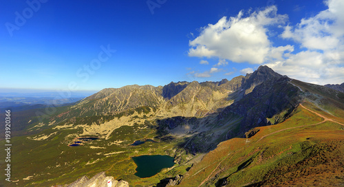 Poland  Tatra Mountains  Zakopane - Swinica  Liliowe  Mnich  Zawrat peaks  Czarny Staw and Zielony Staw ponds with High Tatra panorama in background