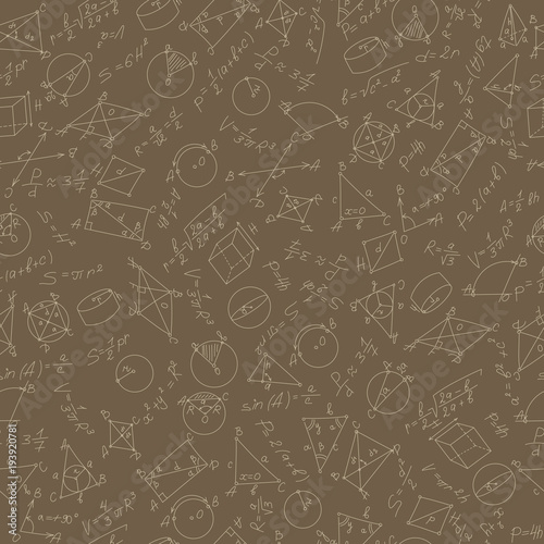 Seamless pattern on the theme of study and subject of geometry, graphs and formulas, beige outlines on a brown background