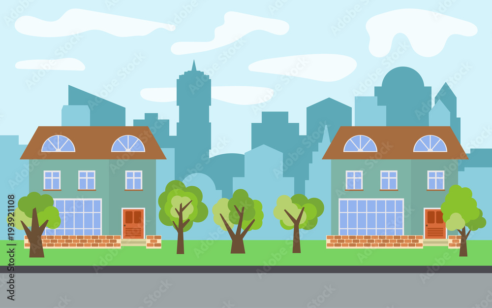 Vector city with two two-story cartoon houses and green trees in the sunny day. Summer urban landscape. Street view with cityscape on a background
