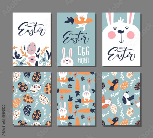 Happy Easter greeting card with rabbit, bird and lettering text. Set of 6 postcard templates with message.